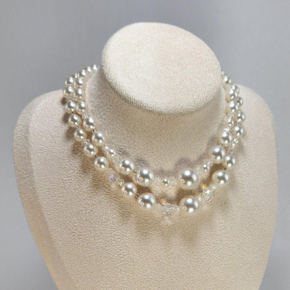 Vintage Japan Double Strand Faux Pearl Crystal Bead Necklace Silver Tone Clasp